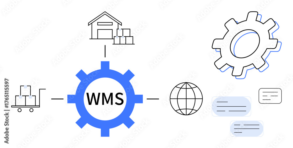 Obraz premium Warehouse gear symbolizing WMS, distribution connections to warehouse, pallet cart, globe, task notes. Ideal for logistics, inventory, efficiency, technology process automation themes supply chain