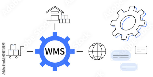 Warehouse gear symbolizing WMS, distribution connections to warehouse, pallet cart, globe, task notes. Ideal for logistics, inventory, efficiency, technology process automation themes supply chain