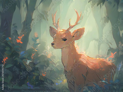 A fantastical scene of deer and morning mist seen deep in the forest