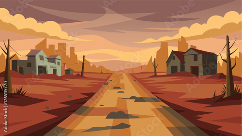 A desolate street surrounded by vast empty fields the only structures in sight being the abandoned buildings and houses.