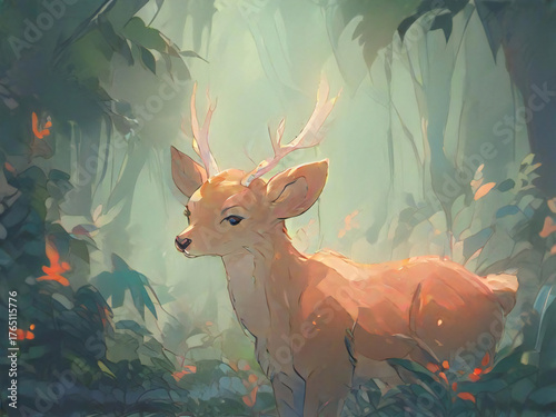 A fantastical scene of deer and morning mist seen deep in the forest