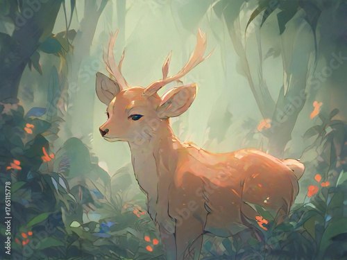 A fantastical scene of deer and morning mist seen deep in the forest