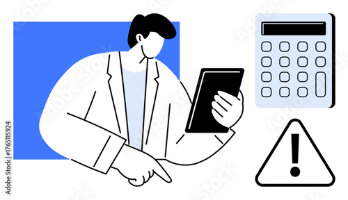 Professional reviewing information on a tablet, accompanied by a calculator and a warning sign. Ideal for finance, risk management, calculations, accounting, data analysis, alerts, decision-making