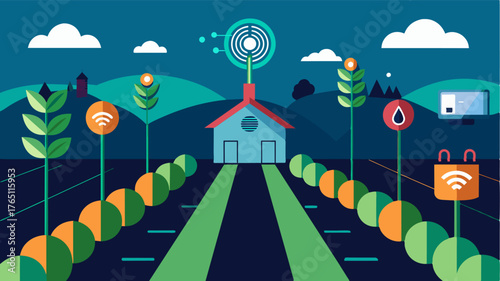 A futuristic farm with rows of crops all connected to a central control system that receives data from IoT sensors in the soil.. Vector illustration
