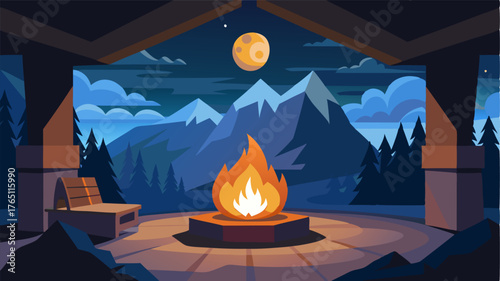 A cozy fire crackles in the lodges stone fireplace casting a warm glow over the rugged landscape outside.