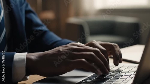Close Up Of Man Typing On Laptop Keyboard in Office Setting with Wooden Desk and Wearing Dark Blue Suit and Striped Blue Tie with Neutral Background