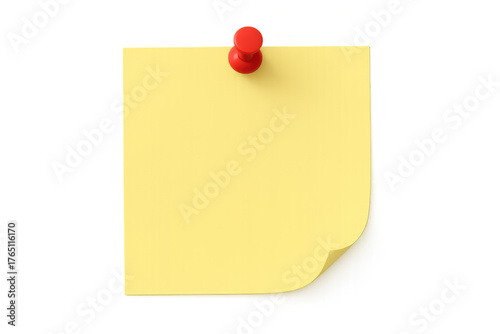 Yellow blank sticky note paper with red pushpin holding a reminder or message, transparent background