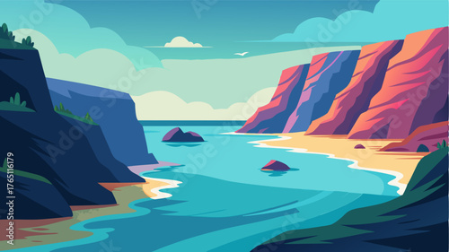 A peaceful cove nestled between tall cliffs the gentle lapping of the waves a soothing soundtrack to the stunning scenery.