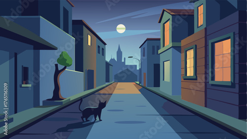 A deserted street in the early morning the only sign of life being a stray cat prowling the sidewalks.