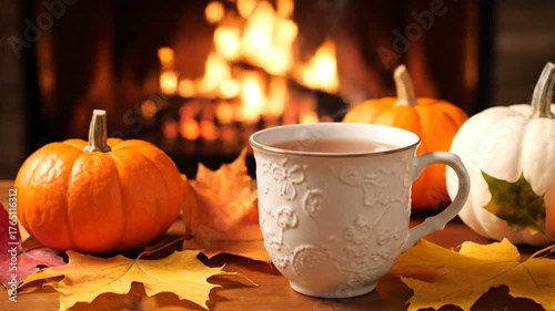 Cozy Autumn Still Life with Pumpkins, Fall Leaves and Hot Drink by Fireplace with Warm Tones, Golden Illumination, and Rustic Wooden Surface Still Capture