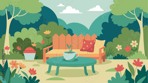 A cozy seating area surrounded by soft sounds fragrant blooms and dappled sunlight offering a multisensory experience for an elderly person to relax and soak in the beauty of the. Vector illustration