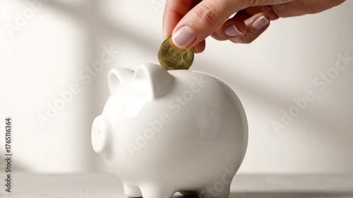 Hand Putting Gold Coin into Shiny White Piggy Bank on White Surface and Background with Soft Light Savings and Financial Planning Still Life