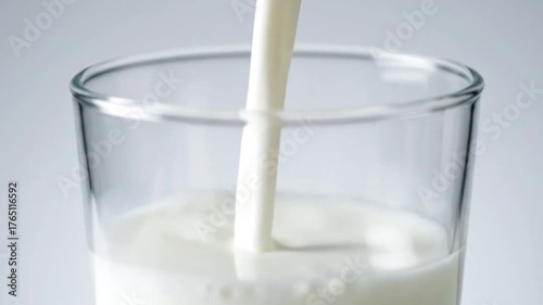 Pouring Milk in Clear Glass Against White Background Filling Fresh Liquid in Container Dairy Product Breakfast Beverage Nutrition Healthy