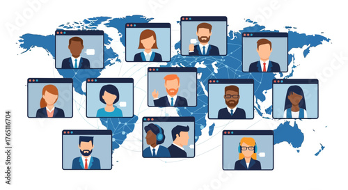 People connected via online video conferencing across a world map representing global communication