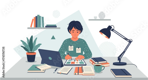 Person Focused On Creative Endeavors At Desk With Digital Tablet And Notebook