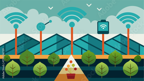 A group of sensors are p strategically in a greenhouse providing farmers with realtime data on soil moisture temperature and humidity.. Vector illustration