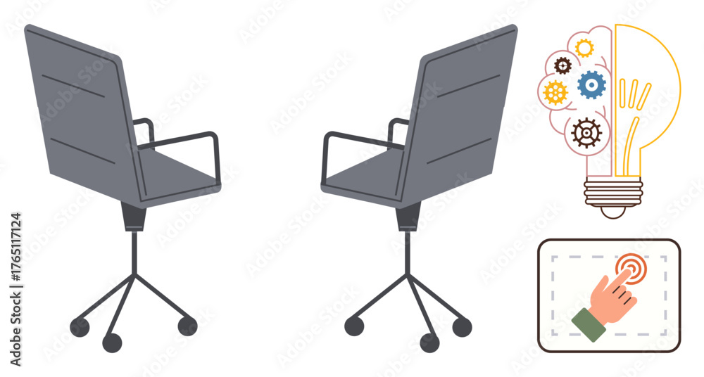Fototapeta premium Two office chairs facing away, bulb with gears representation for creativity and innovation, and hand pressing a touchscreen. Ideal for collaboration, workplace, brainstorming, technology