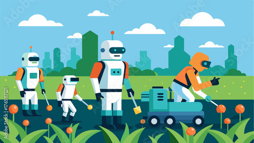 A group of robots work in unison controlled by AI to weed out unwanted plants in a field leaving only healthy crops behind.. Vector illustration