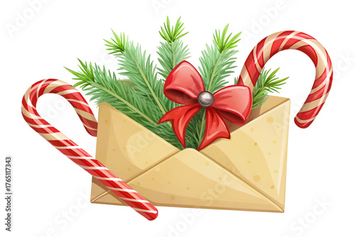 Envelope, candy cane, red ribbon, and pine branch on white background, festive flat lay design