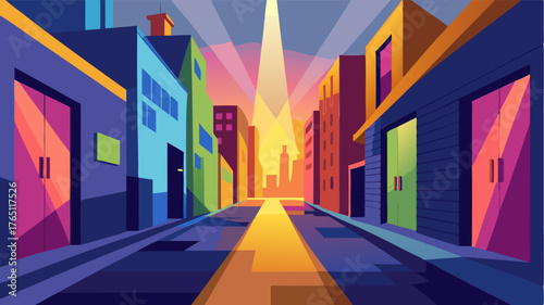 A ray of sunlight breaks through the tall buildings illuminating the colorful street art that adorns the walls of this urban alleyway.