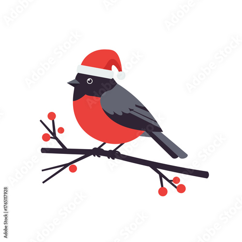 Cute bullfinch in a Santa hat on a berry branch, a festive winter nature concept. Christmas bird vector illustration icon for seasonal greetings