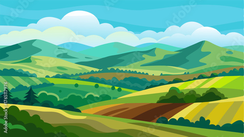 An idyllic countryside scene with hills upon hills creating layers of green and earthy tones against a clear blue sky.