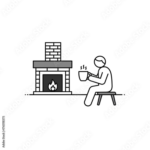 Cozy fireplace icon vector illustration depicting a person enjoying a warm drink by the fire, perfect for nature-themed and lifestyle content