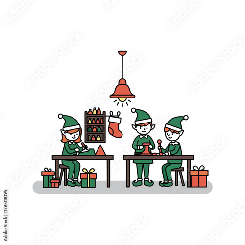 Christmas icon vector illustration of elves working at tables crafting gifts and toys, with festive decorations like stockings and presents, perfect for holiday designs and nature-themed illustrations