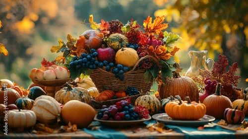 Autumn Harvest Abundance: A Thanksgiving Feast of Pumpkins, Grapes, and Seasonal Delights