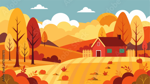 An autumnal landscape of golden cornfields tered trees with fiery red leaves and a charming farmhouse with a pumpkin patch.