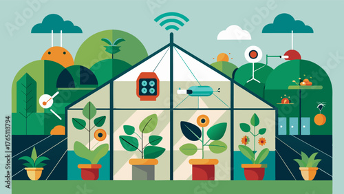 A greenhouse is divided into zones each equipped with its own IoTbased pest repellent system based on specific crop needs.. Vector illustration