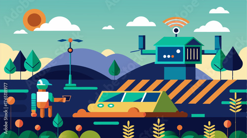 A futuristic illustration showcases a fully automated farm where digital soil mapping technology is integrated with other smart systems enabling autonomous soil management and. Vector illustration