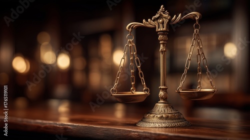 Justice Scales on Wooden Desk in Courtroom