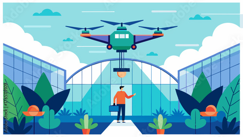 A drone equipped with AI technology flying over a greenhouse to collect data and generate yield forecasts reducing the need for manual labor.. Vector illustration