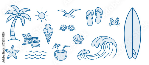 Summer Holiday Beach Icons Featuring Palm Tree, Surfboard, Waves, and Other Leisure Elements