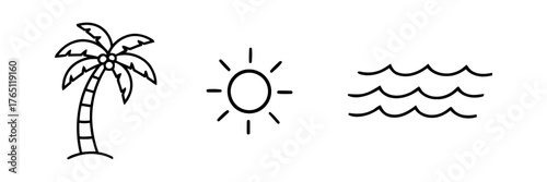 Simple graphical icons of summer depicting palm tree, sun and ocean waves against a white background