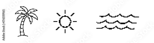 Pixelated Palm Tree with Shining Sun and Ocean Waves for Graphic Designs