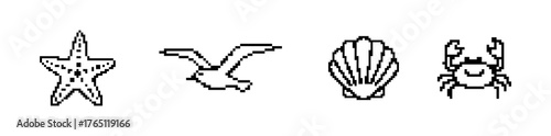 Seaside Pixel Art featuring Starfish, Flying Bird, Seashell, and Crab
