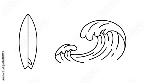 Surfboard and Ocean Waves Black Line Graphic on White Backdrop