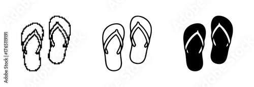 Variations of Beach Flip Flops Icon in Pixelated, Outlined, and Solid Black Designs