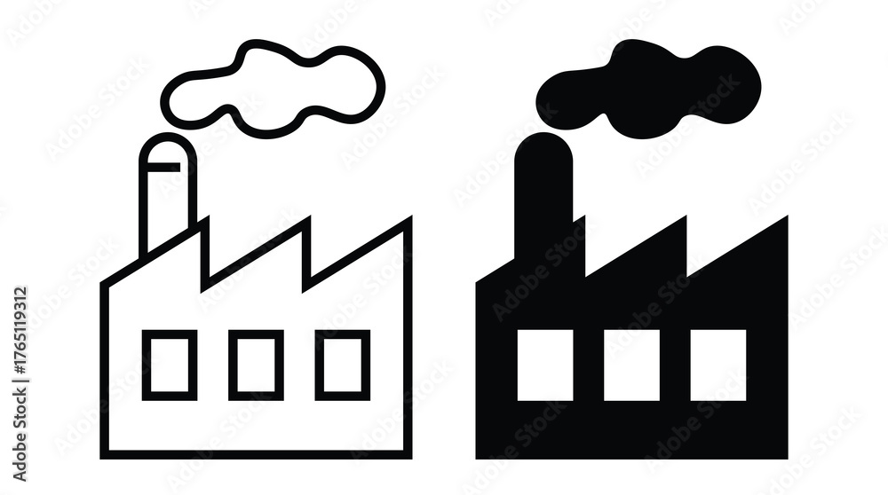 Obraz premium Simple Industrial Factory Icons with Smoke Stack and Cloud Elements