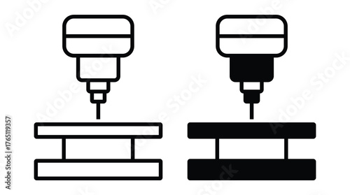 Dual View of a Drill on a Workpiece with Simple Line Drawing Style