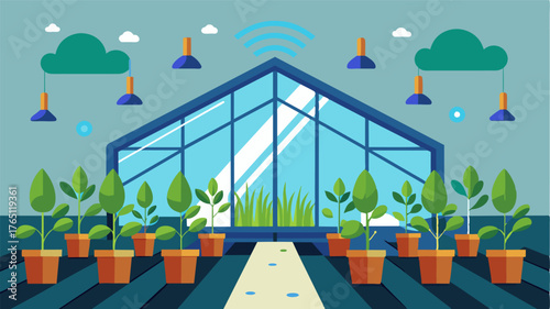 A greenhouse with automated nutrient sensors that adjust growing conditions based on realtime data.. Vector illustration