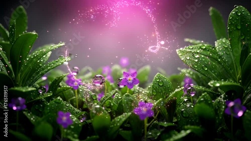 Seamless looping macro cinematic background of purple flowers and green leaves covered in fresh raindrops illuminated by pink glowing light.