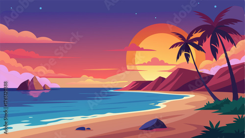 A romantic beach at sunset with the soft glow of the sun casting a romantic air over the landscape perfect for a romantic stroll or a peaceful moment of solitude.
