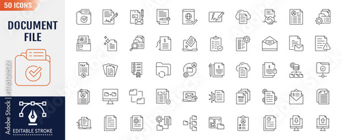 Document file icon set. Containing Icons: File, paper, report, form, record, text, note, page, letter, contract and more. Vector Illustration 