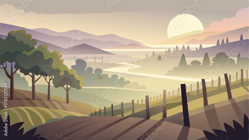 A misty morning at the vineyard as the sun begins to rise casting a soft light over the landscape. The vines are shrouded in a gentle fog giving an ethereal feel to the scene.