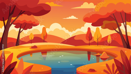 A pond reflecting the warm hues of autumn surrounded by trees ablaze with vibrant shades of red orange and gold.