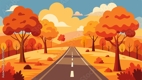 An idyllic country road flanked by rows of vibrant autumn trees their leaves turning shades of orange red and gold.