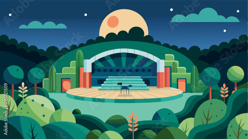 A modern amphitheater surrounded by lush greenery hosting cultural performances and movie screenings under the stars.